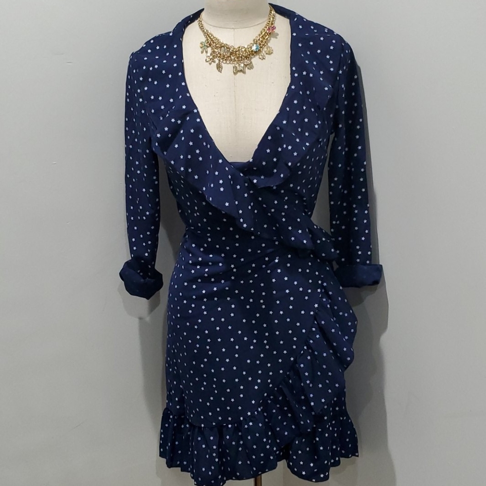 Women’s Navy Long Sleeve Wrap Dress Size Medium Cute Stars Print V
